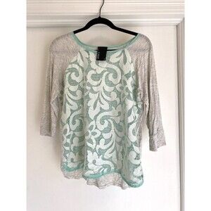 Dolan Anthropologie T Shirt Filigree Lace Top Green Heathered Gray 3/4 Sleeve M